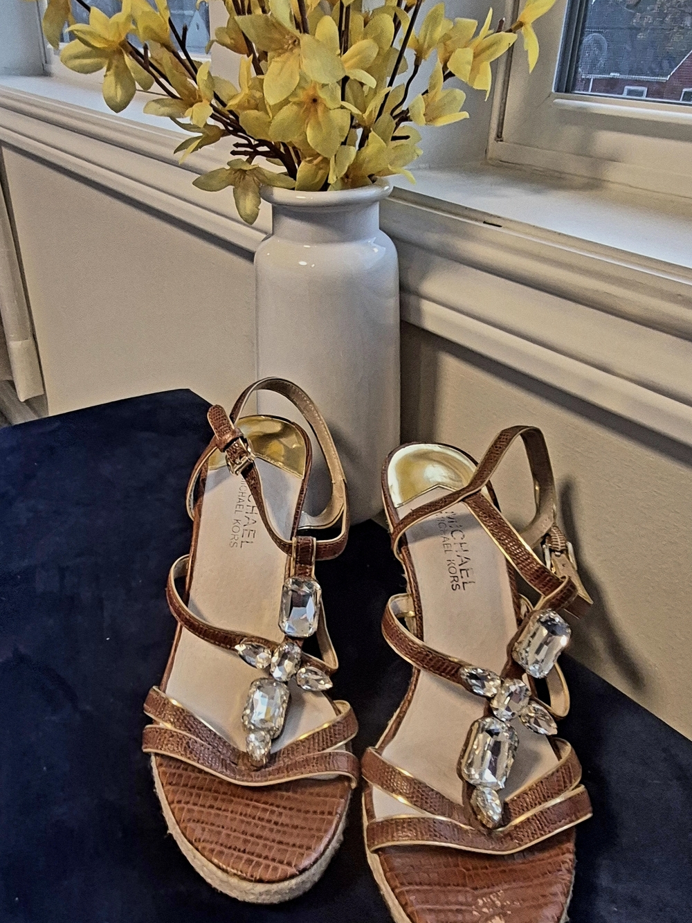 Michael Kors Rose Gold Jeweled T-Strap Espadrille Wedges